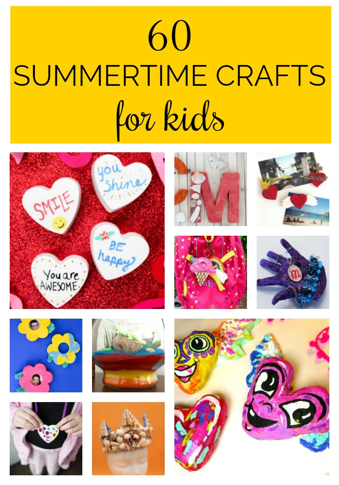 GREAT ideas! This post has 60 summertime crafts for kids that will help you keep your kids entertained and screen-free this summer! These craft project ideas for kids span all ages and use simple, non-toxic materials. #kidscrafts #summercrafts #craftprojects #kidscraftideas